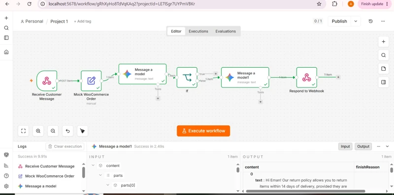 n8n customer support demo connecting a customer webhook, mock WooCommerce order data, AI models, and a webhook response
