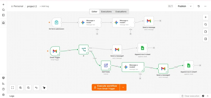 n8n lead-response workflow with form and Gmail triggers, AI models, Gmail replies, and Google Sheets logging